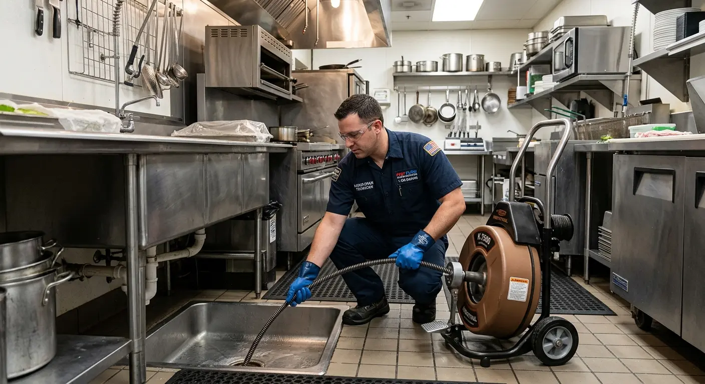 Commercial drain cleaning service in a restaurant kitchen in Madera