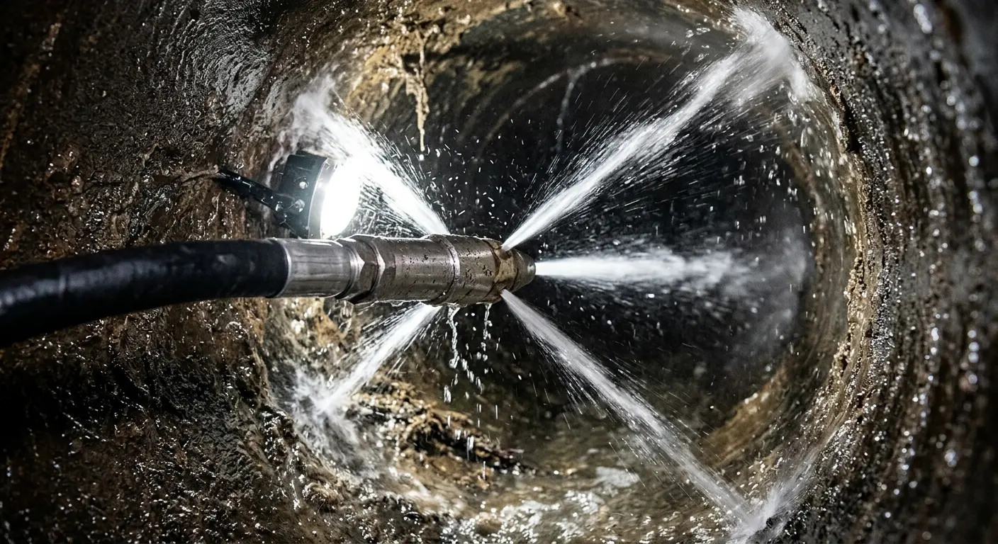 High-pressure hydro jetting nozzle cleaning sewer pipe for Sewer Cleanout in Madera