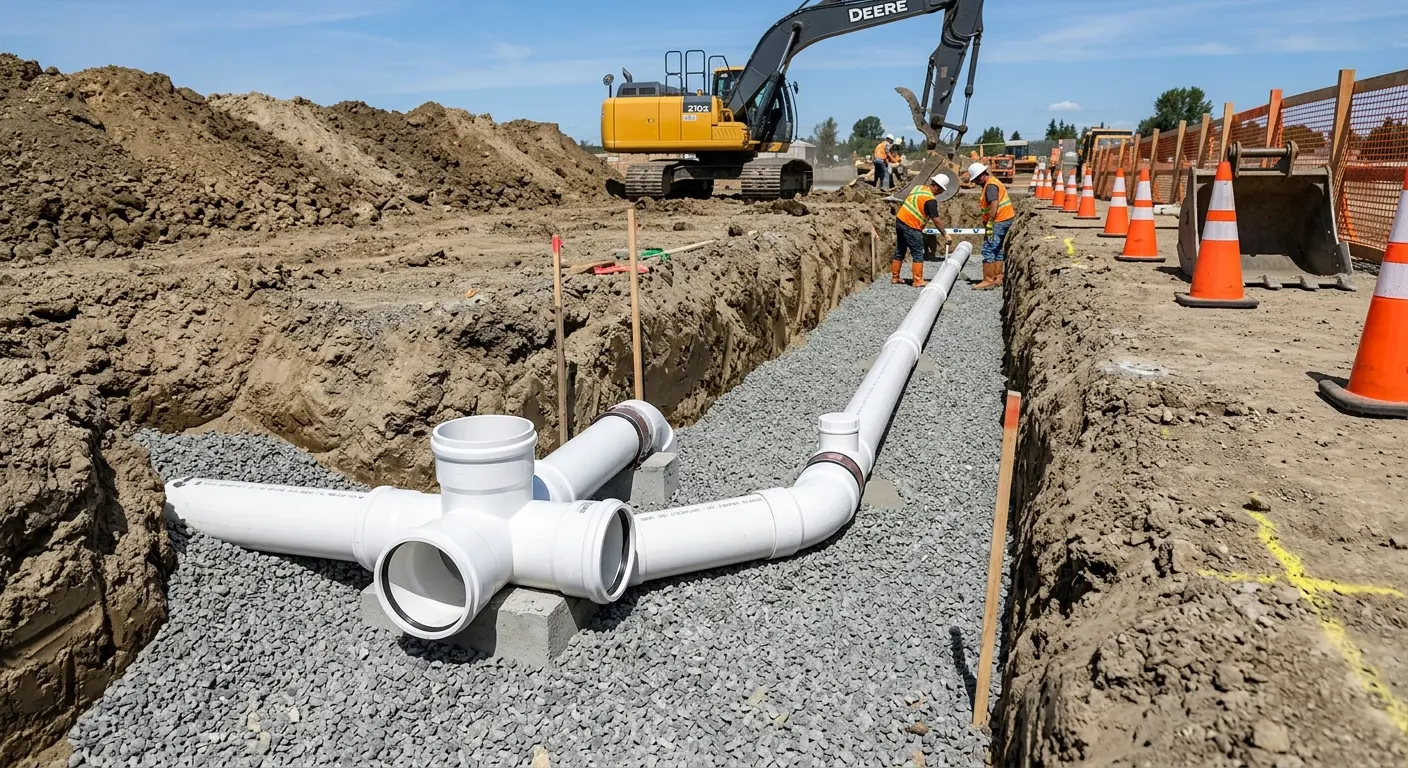 New PVC sewer pipe installation in open trench for Sewer Backup in Madera