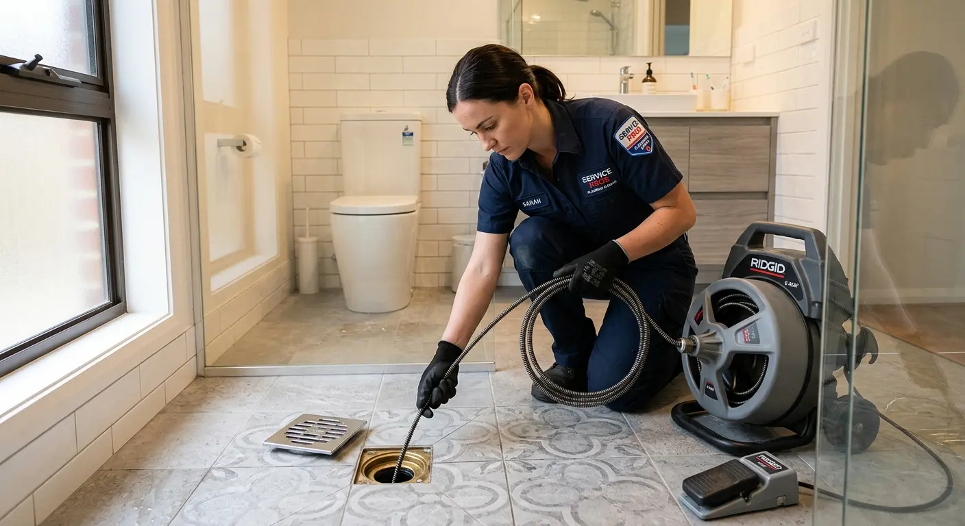 Technician clearing a bathroom floor drain for Drain Cleaning in Madera